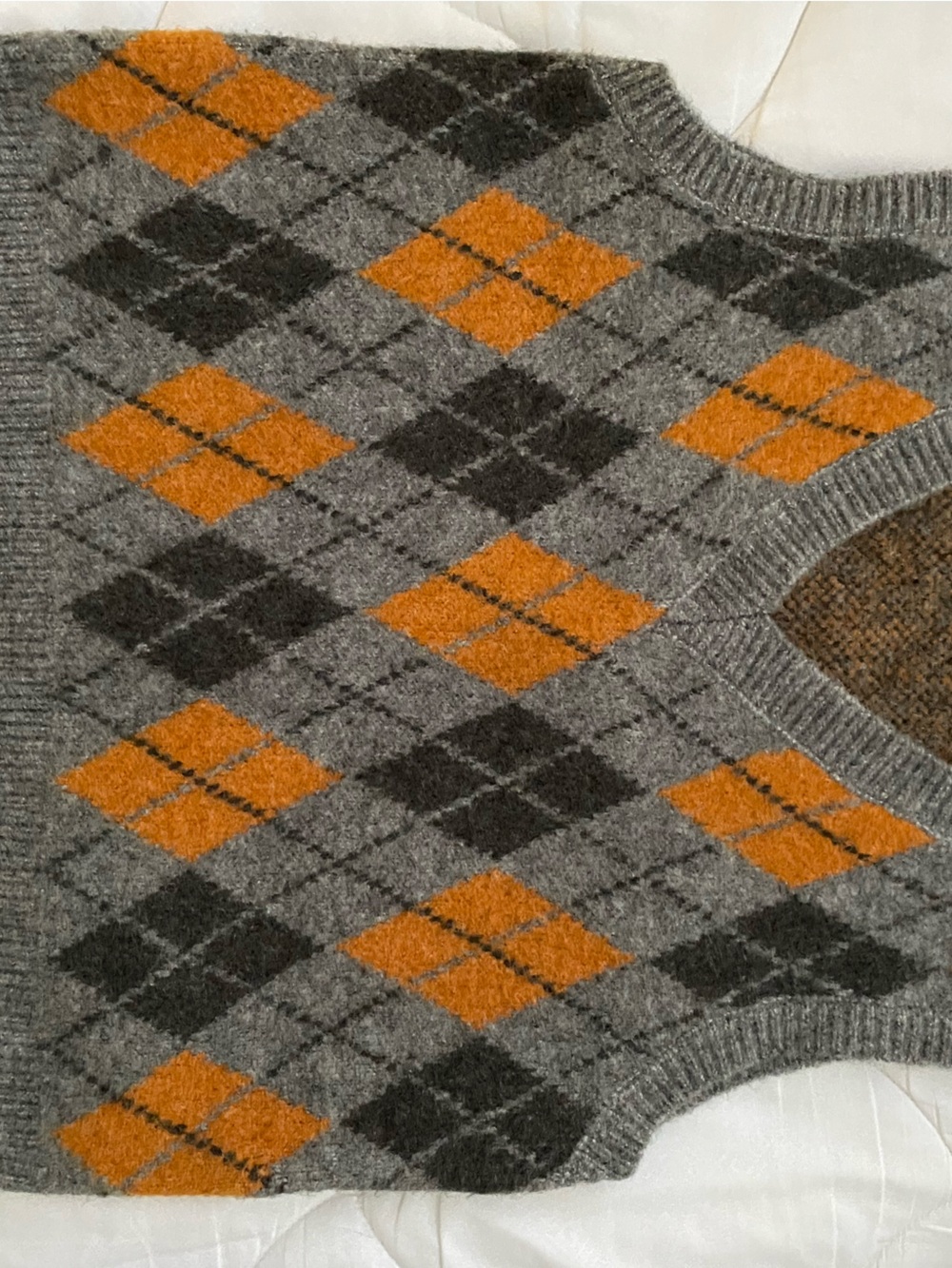 Zara Gray, Orange and Charcoal Argyle V-Neck Sweater Vest